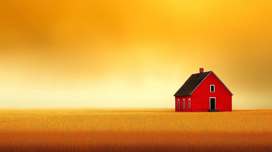 Landscape Wallpaper Mural – Scenery Wall Mural – Minimalist Red Farmhouse in Golden Fields printable artwork
