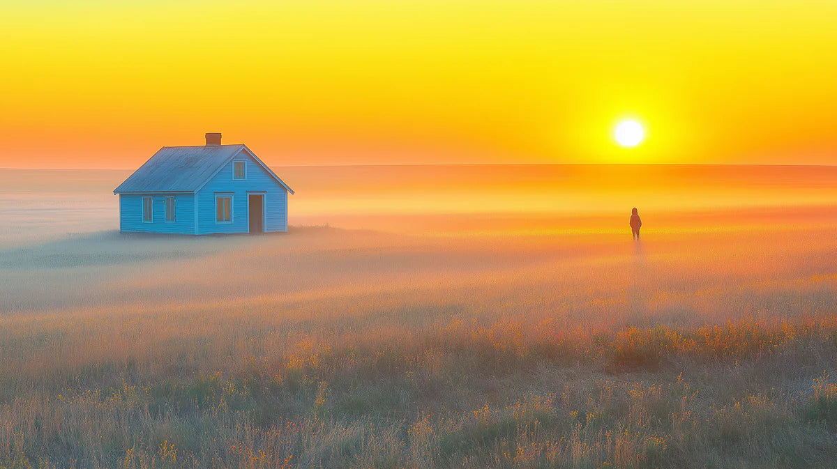 Lone House in Misty Sunset Fields Mural Wallpaper — Cinematic Landscape Mural Wallpaper - room preview 02