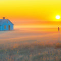 Lone House in Misty Sunset Fields Mural Wallpaper — Cinematic Landscape Mural Wallpaper - room preview 02