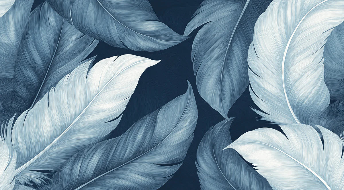 Floating Blue Feather Mural Wallpaper in Graphite and Sky Blue Mural Wallpaper - room preview 02