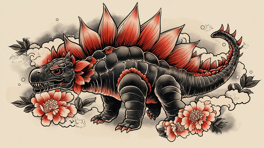 Dinosaur Wallpaper Mural – Kids Dino Wall Mural – Stegosaurus Tattoo Art — Bold Reptile Illustration printable artwork