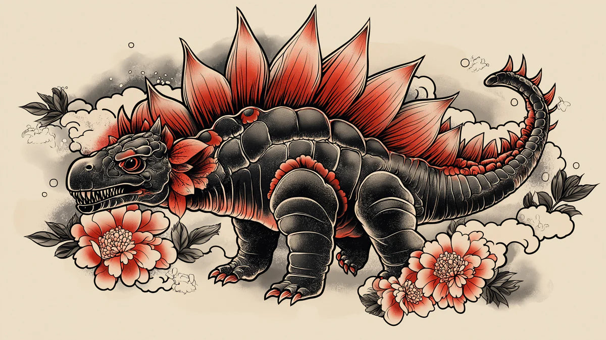 Stegosaurus Tattoo Art Mural Wallpaper — Bold Reptile Illustration Mural Wallpaper - room preview 02
