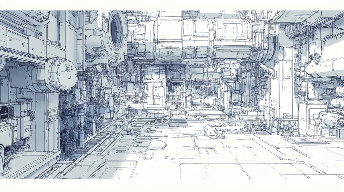 Industrial Blueprint Line Art Mural Wallpaper — Tech Architecture Mural Wallpaper - room preview 02