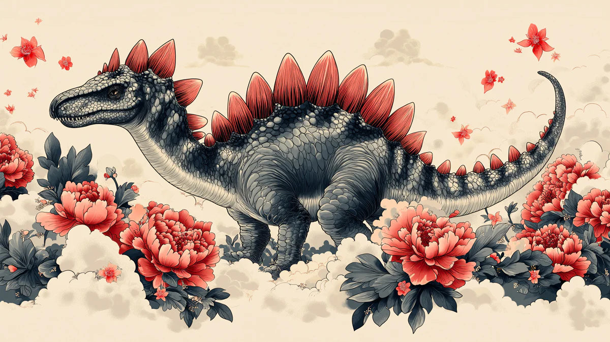 Stegosaurus Floral Fantasy Mural Wallpaper — Whimsical Prehistoric Art Mural Wallpaper - room preview 02