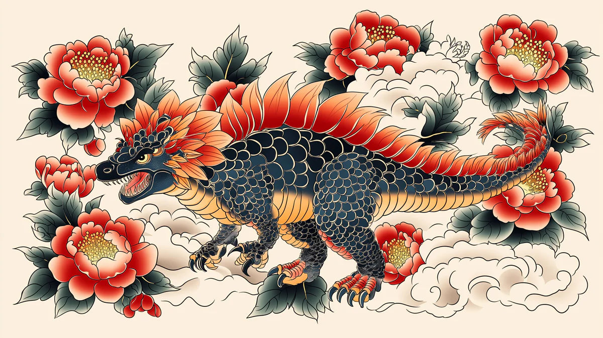 Dragon Dinosaur Floral Mural Wallpaper — Tattoo Art Illustration Mural Wallpaper - room preview 02