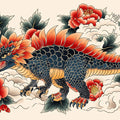 Dragon Dinosaur Floral Mural Wallpaper — Tattoo Art Illustration Mural Wallpaper - room preview 02