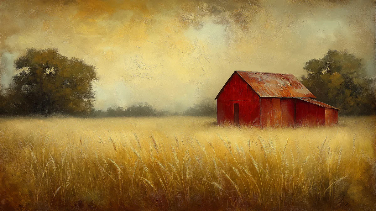 Rustic Red Barn Mural Wallpaper — Impressionistic Farm Landscape Mural Wallpaper - room preview 02