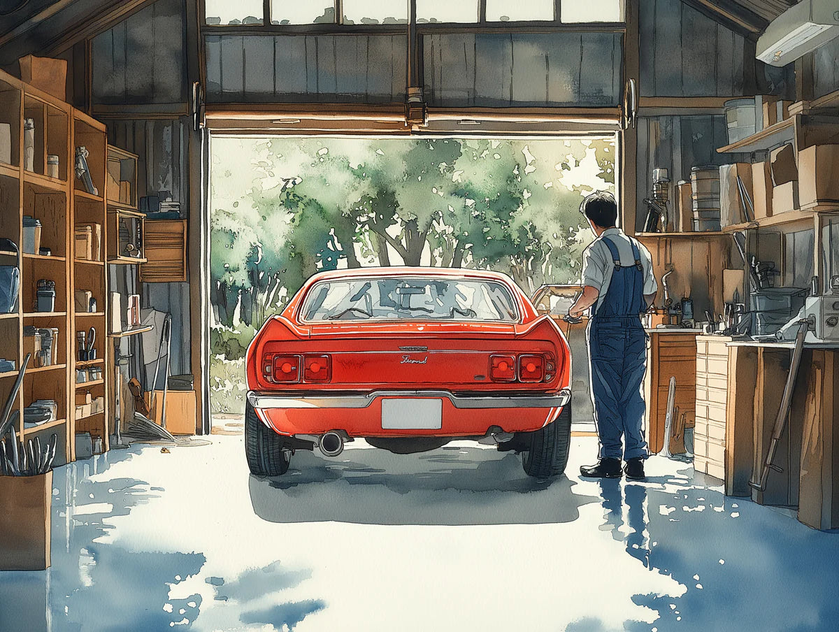Vintage Garage Scene Mural Wallpaper with Classic Red Car Mural Wallpaper - room preview 02