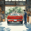 Vintage Garage Scene Mural Wallpaper with Classic Red Car Mural Wallpaper - room preview 02