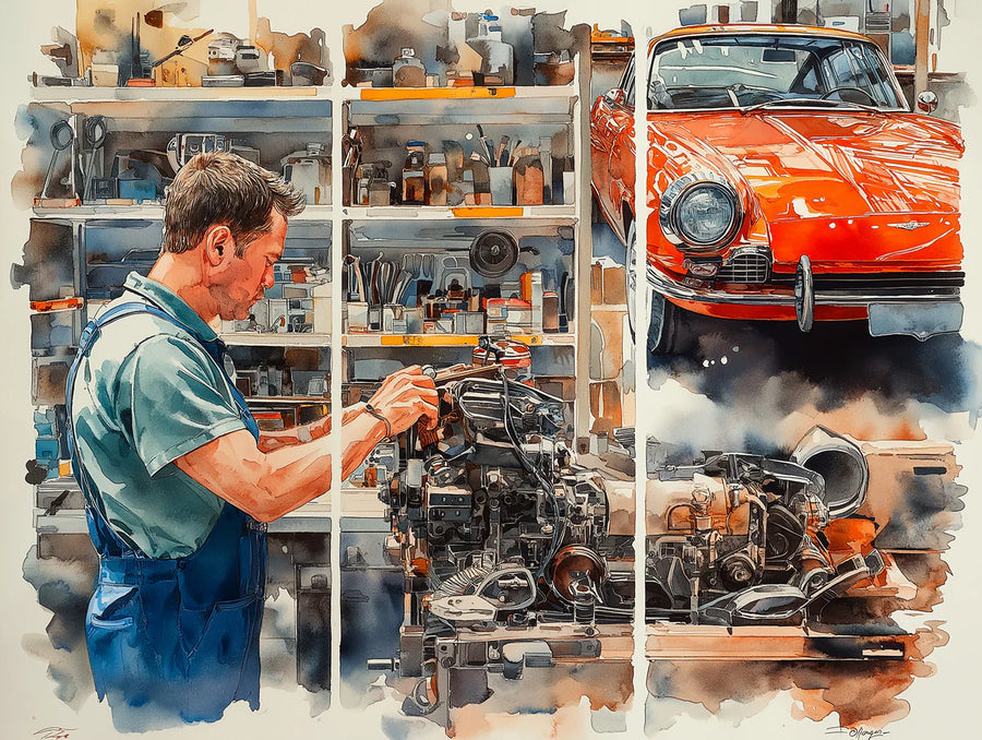 Vintage Wallpaper Mural – Retro Wall Mural – Vintage Car Mechanic Workshop — Artistic Split Panel printable artwork