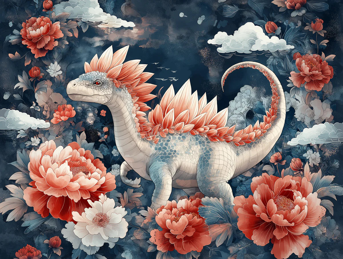 Fantasy Dinosaur Floral Mural Wallpaper — Whimsical Garden Scene Mural Wallpaper - room preview 02
