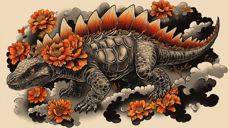 Dinosaur Wallpaper Mural – Kids Dino Wall Mural – Stegosaurus Tattoo Art in Burnt Orange and Charcoal printable artwork