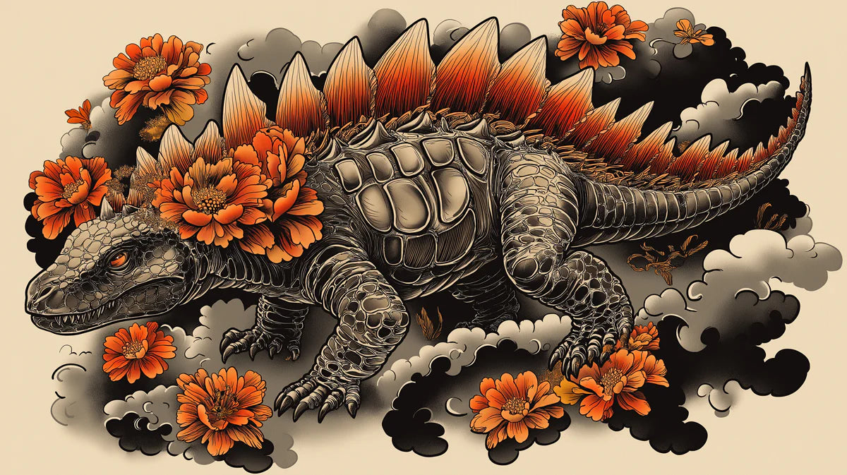 Stegosaurus Tattoo Art Mural Wallpaper in Burnt Orange and Charcoal Mural Wallpaper - room preview 02