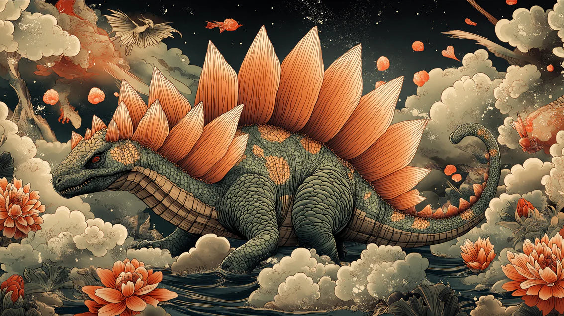 Stegosaurus Fantasy Mural Wallpaper — Mythical Reptile Floral Art Mural Wallpaper - room preview 02