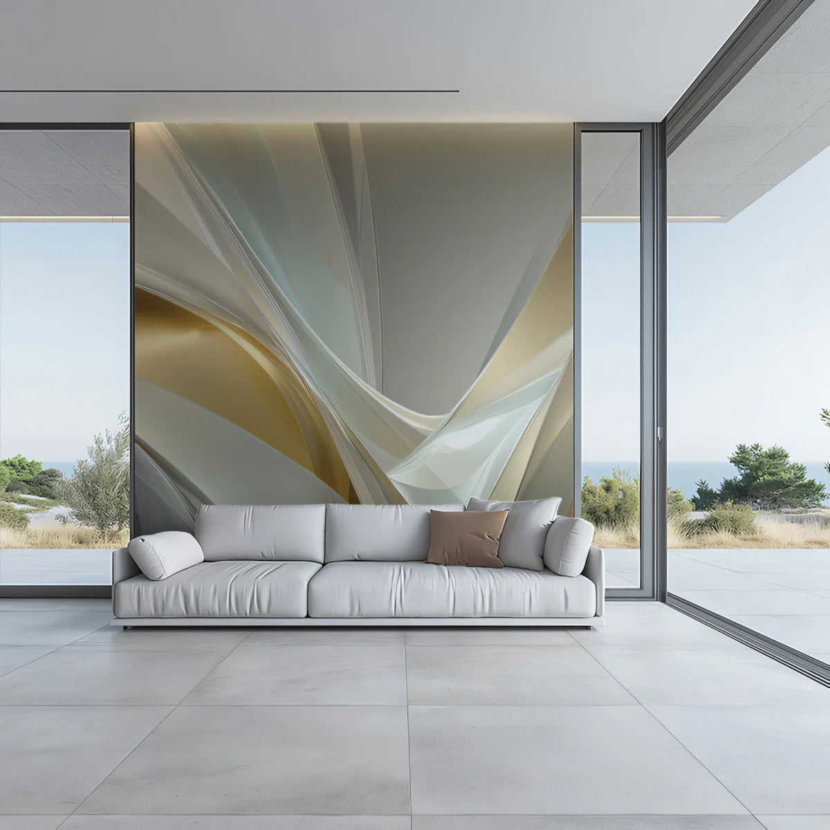 Metallic Ribbon Flow Mural Wallpaper — Elegant Abstract Waves Mural Wallpaper - room preview 02