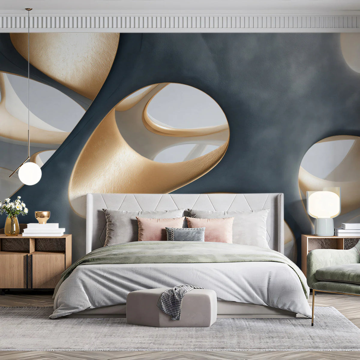 Abstract Organic Cellular Mural Wallpaper in Charcoal and Gold Mural Wallpaper - room preview 02