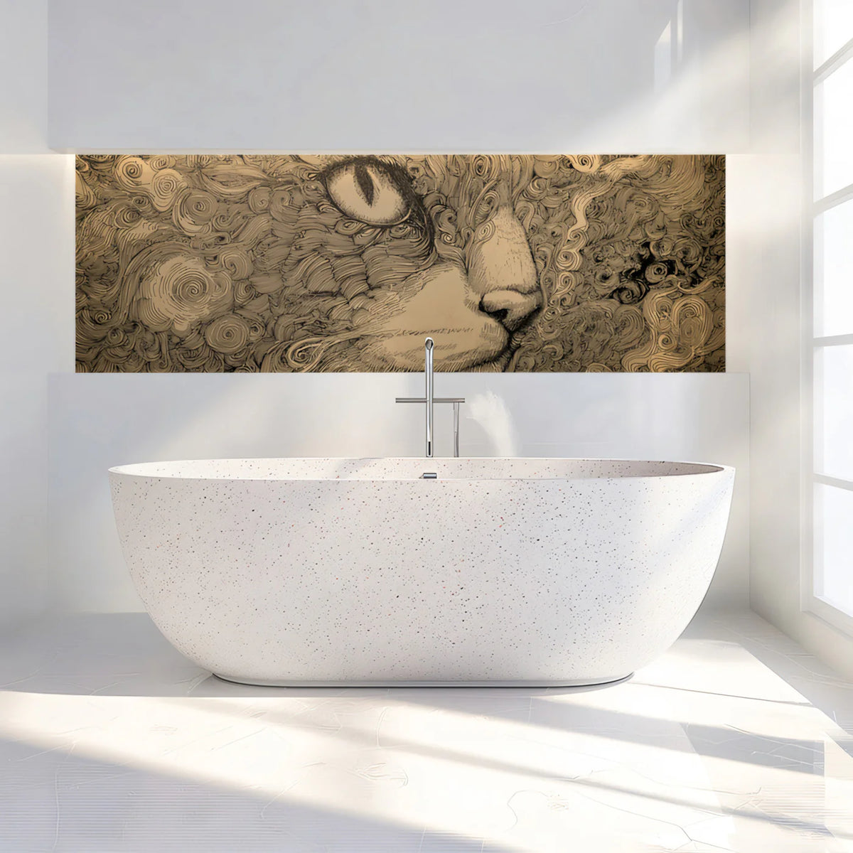 Swirling Feline Portrait Mural Wallpaper — Artistic Ink Line Art Mural Wallpaper - room preview 02