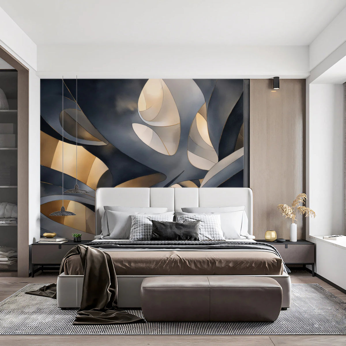 Abstract Cavern Mural Wallpaper — Gold and Charcoal Architectural Art Mural Wallpaper - room preview 02