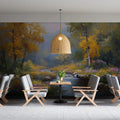 Autumn River Landscape Mural Wallpaper — Impressionistic Forest Scene Mural Wallpaper - room preview 02