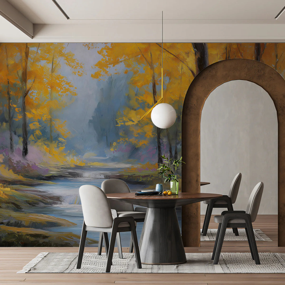 Autumn Creek Forest Mural Wallpaper — Impressionistic Landscape Mural Wallpaper - room preview 02