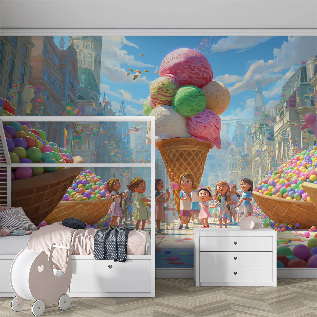 Candy Festival Celebration Mural Wallpaper — Whimsical Town Square Mural Wallpaper - room preview 02