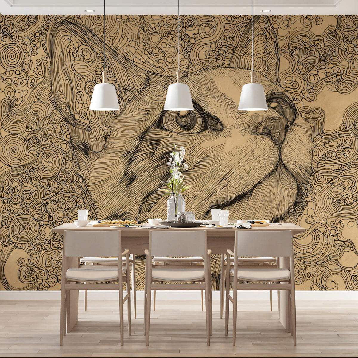 Intricate Feline Sketch Mural Wallpaper — Artistic Line Art Design Mural Wallpaper - room preview 02