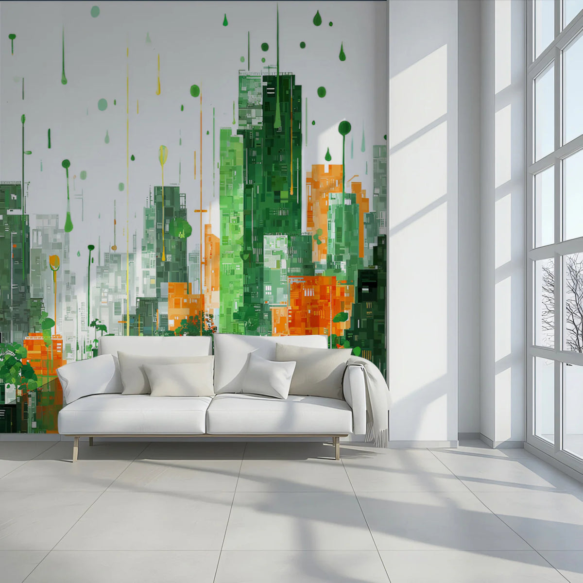 Eco-Cityscape Mural Wallpaper — Abstract Green and Orange Urban Art Mural Wallpaper - room preview 02