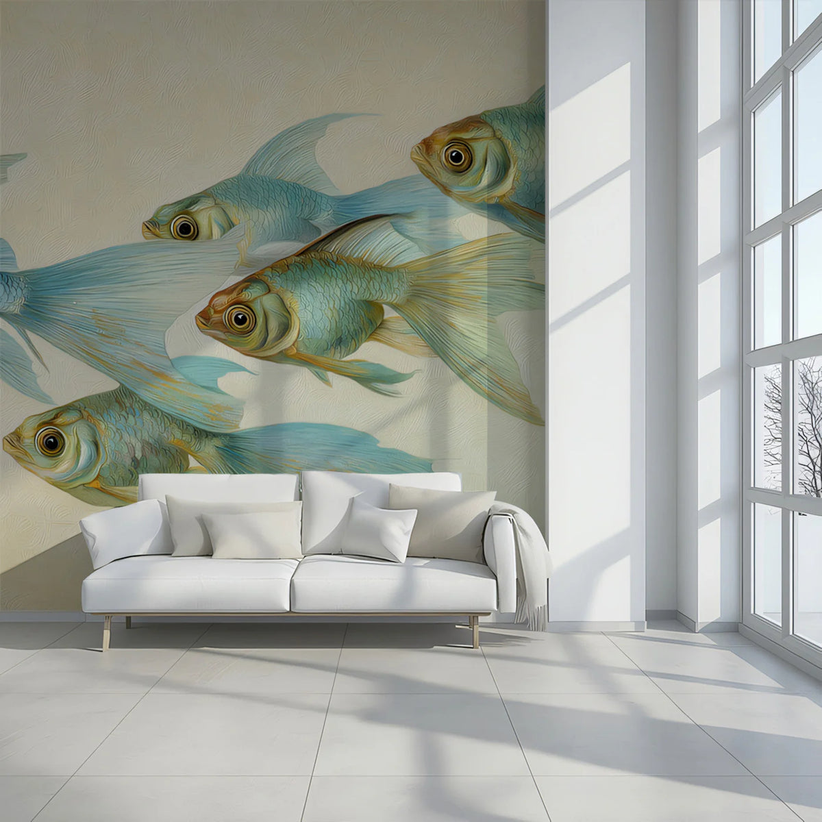 Floating Blue Koi Mural Wallpaper — Impressionistic Aquatic Art Mural Wallpaper - room preview 02