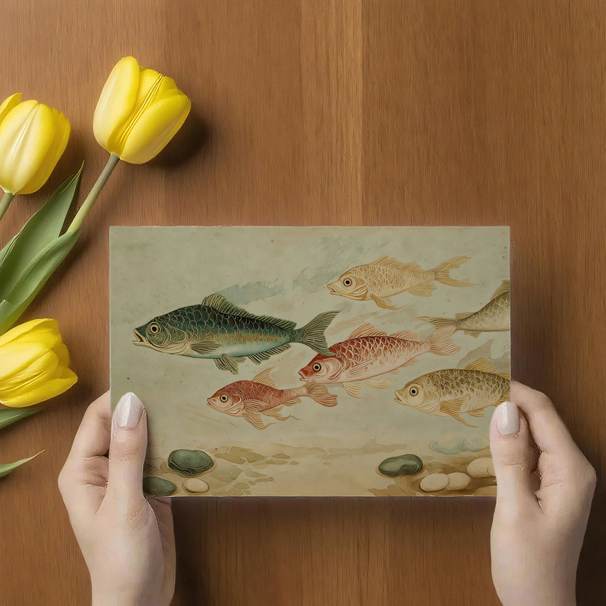 Vintage Shoal of Fish Mural Wallpaper — Artistic Marine Illustration Mural Wallpaper - room preview 02