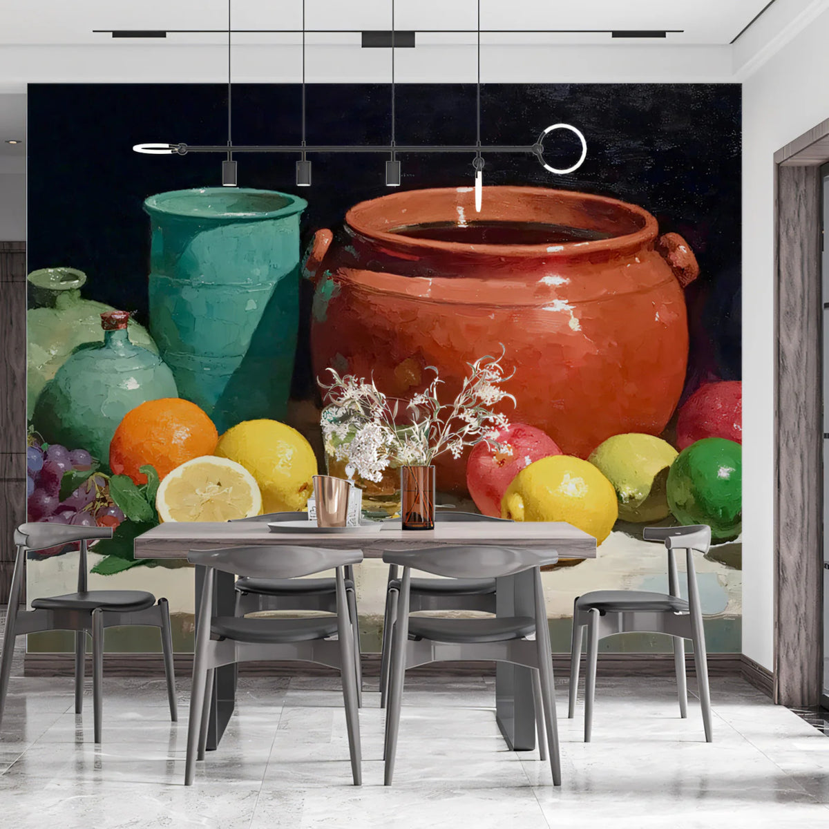 Still Life Fruit & Terracotta Vases Mural Wallpaper — Artistic Oil Mural Wallpaper - room preview 02