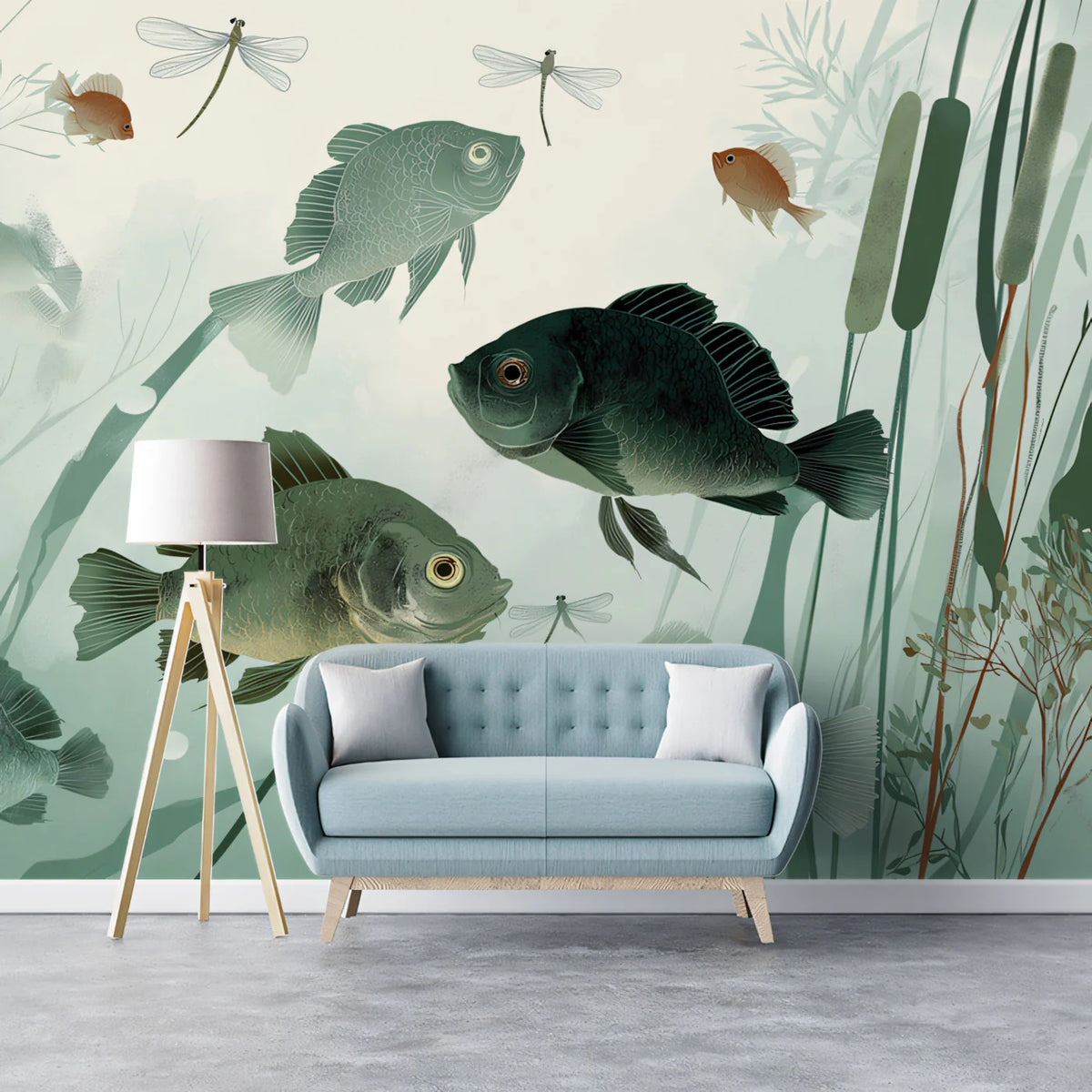 Zen Pond Mural Wallpaper — Calm Aquatic Fish and Reed Illustration Mural Wallpaper - room preview 02