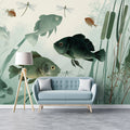 Zen Pond Mural Wallpaper — Calm Aquatic Fish and Reed Illustration Mural Wallpaper - room preview 02
