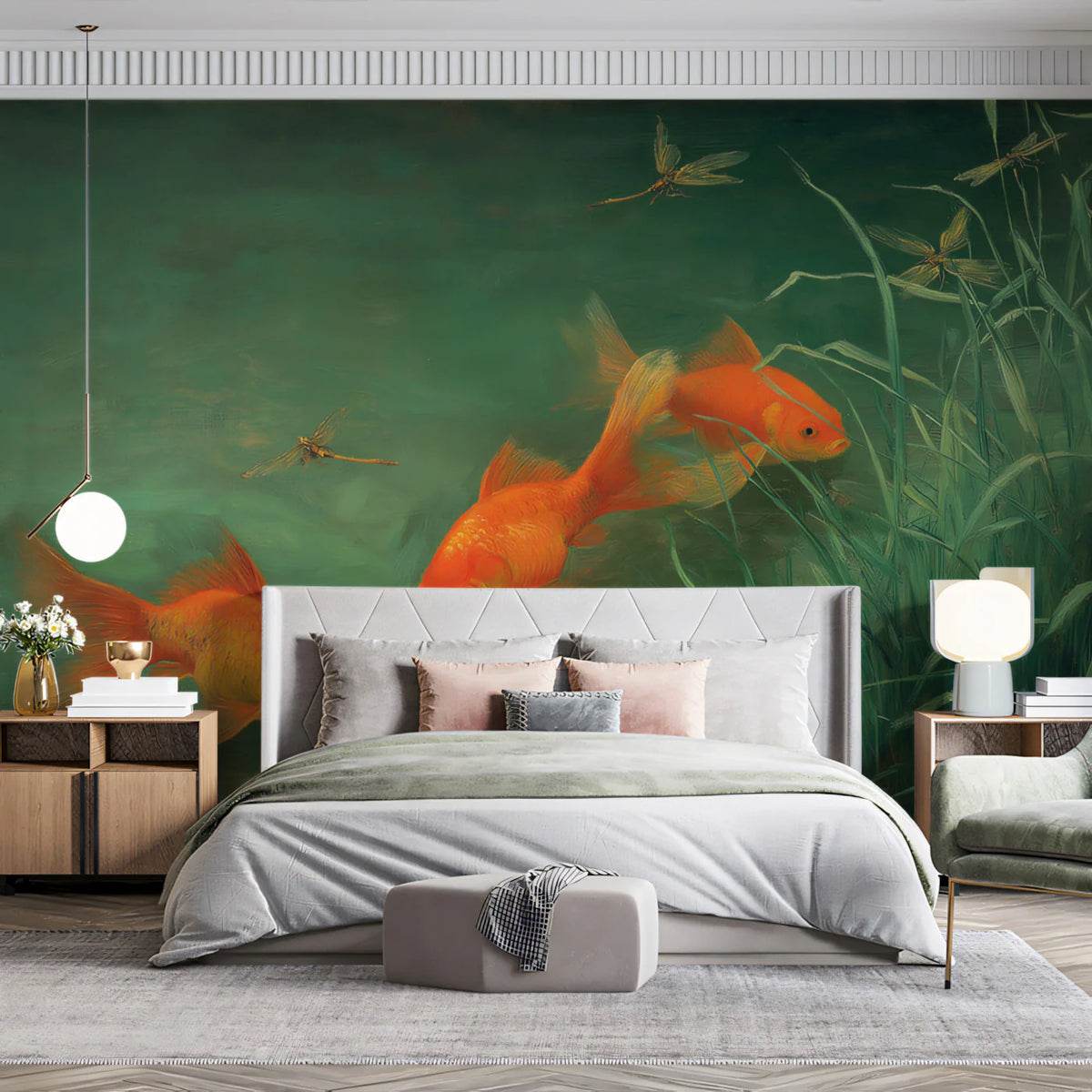 Koi Pond Oil Painting Mural Wallpaper — Impressionistic Nature Art Mural Wallpaper - room preview 02