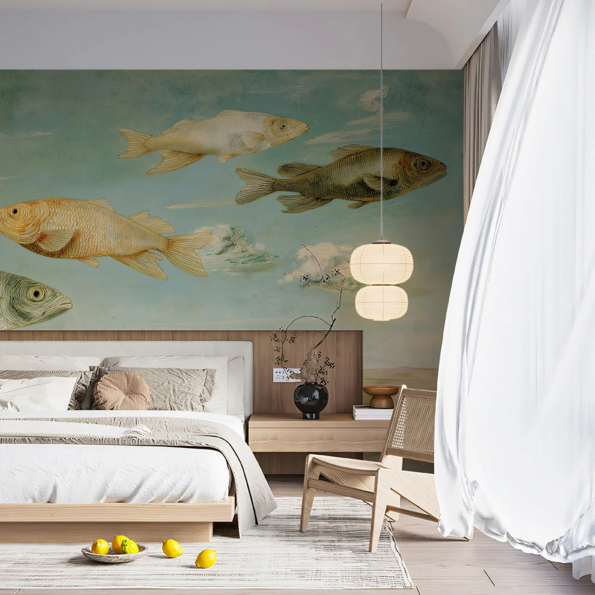Floating Fish Surreal Sky Mural Wallpaper —Painterly Landscape Mural Wallpaper - room preview 02