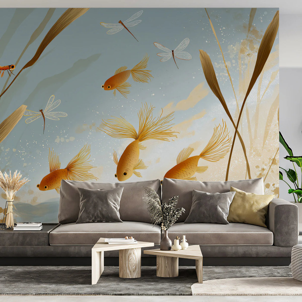 Golden Koi Pond Mural Wallpaper — Whimsical Aquatic Art Mural Wallpaper - room preview 02
