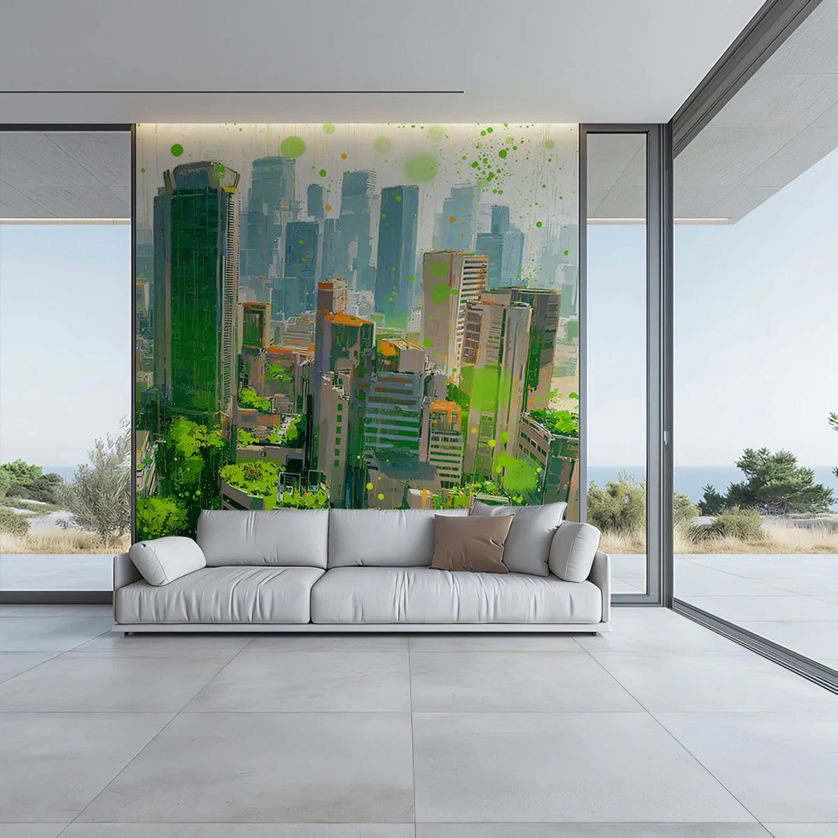 Abstract Urban Jungle Mural Wallpaper — Painterly City Skyline Art Mural Wallpaper - room preview 02