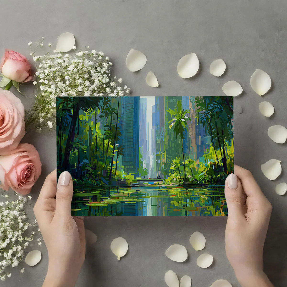 Urban Oasis Mural Wallpaper — Painterly City and Nature Blend Mural Wallpaper - room preview 02