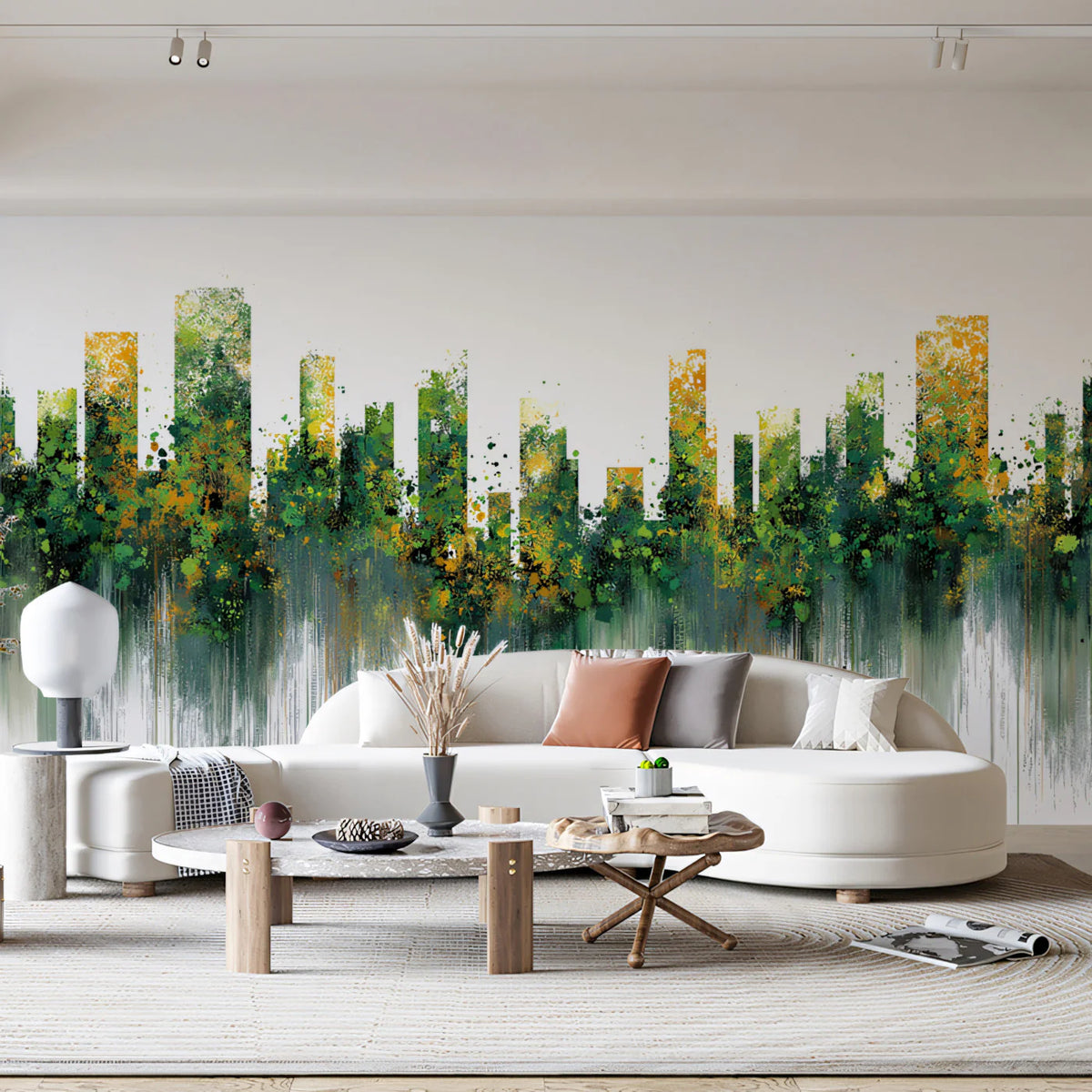 Abstract Urban Cityscape Mural Wallpaper — Artistic Green and Ochre Mural Wallpaper - room preview 02