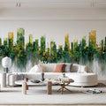 Abstract Urban Cityscape Mural Wallpaper — Artistic Green and Ochre Mural Wallpaper - room preview 02