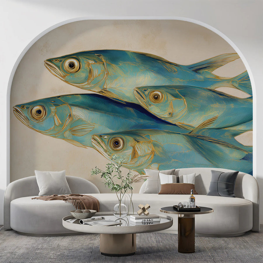 Sea Wallpaper Mural – Ocean Wall Mural – School of Blue Fish — Coastal Artistic Painting
