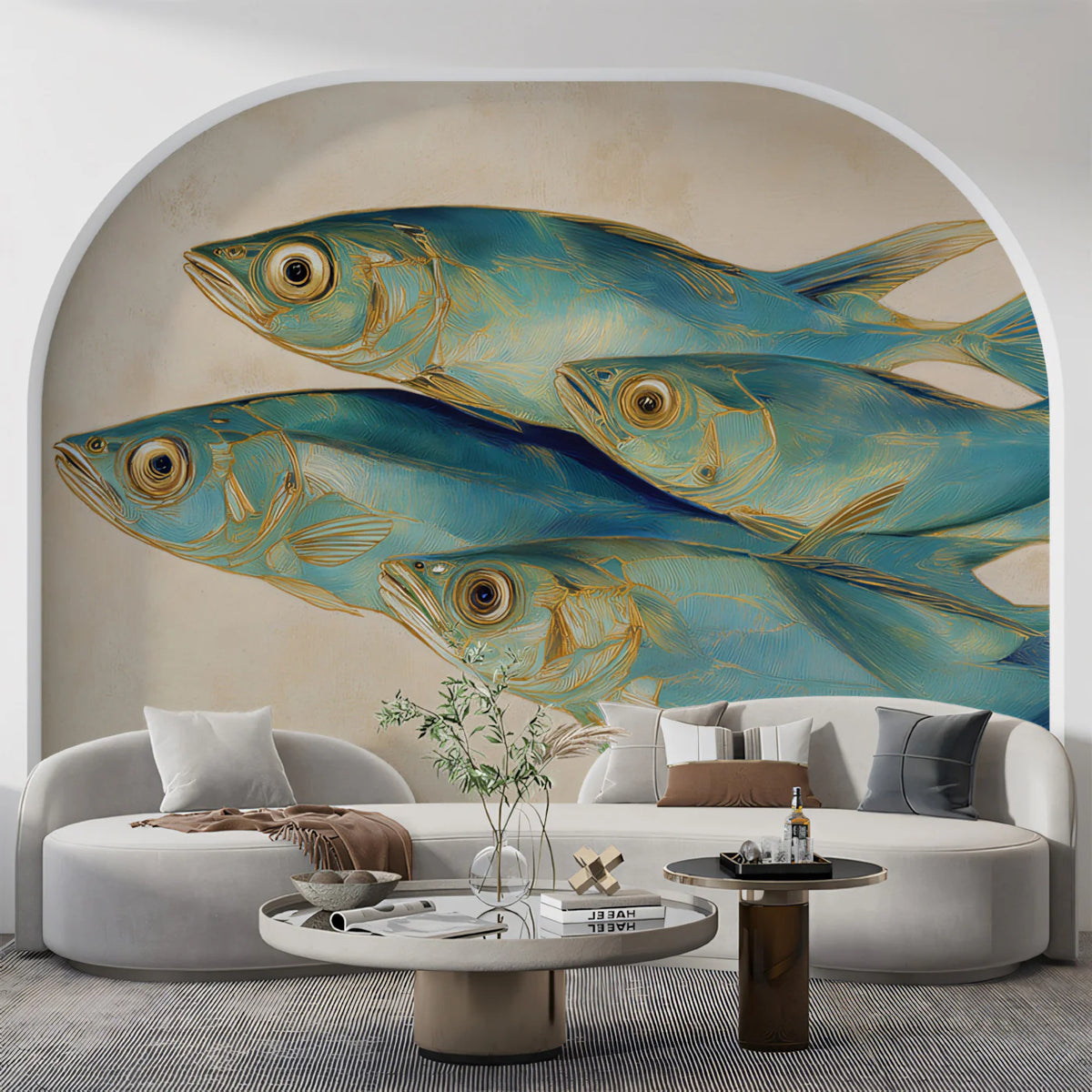 School of Blue Fish Mural Wallpaper — Coastal Artistic Painting Mural Wallpaper - room preview 02