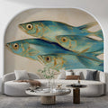 School of Blue Fish Mural Wallpaper — Coastal Artistic Painting Mural Wallpaper - room preview 02