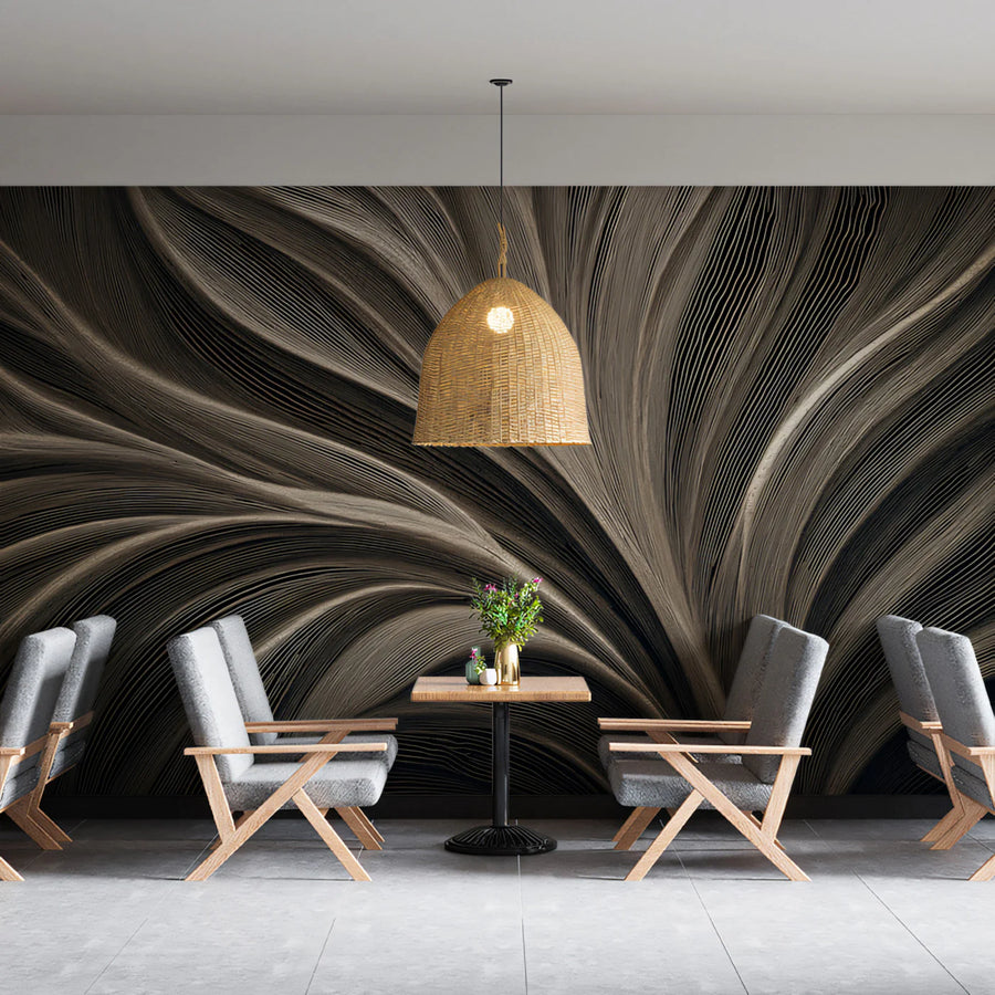 Beach Wallpaper Mural – Coastal Wall Mural – Monochrome Fluid Line Art in Charcoal and Sand