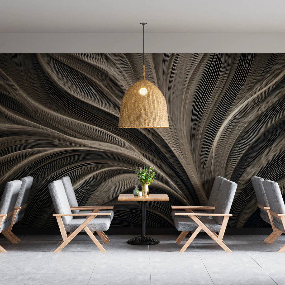 Monochrome Fluid Line Art Mural Wallpaper in Charcoal and Sand Mural Wallpaper - room preview 02