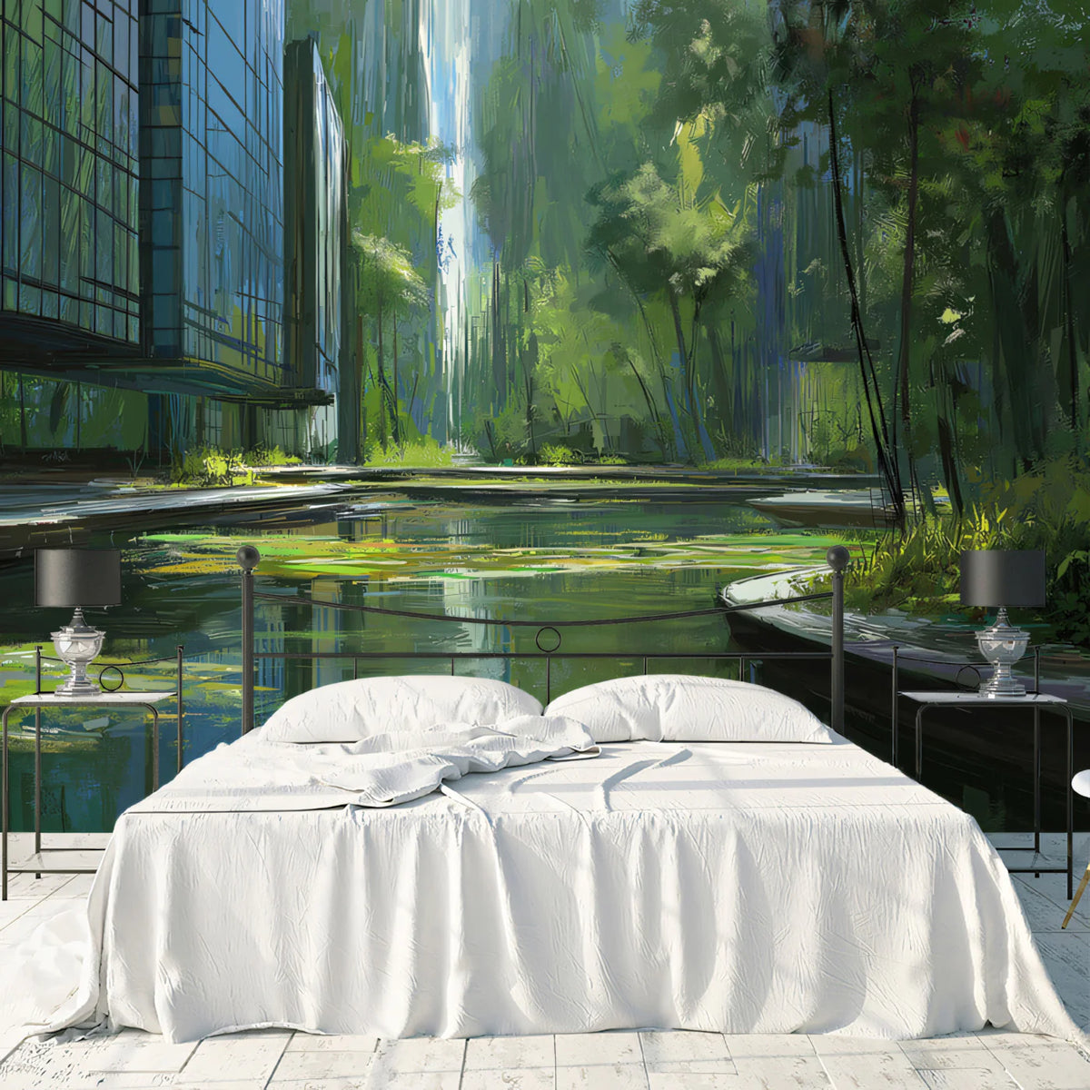 Urban Pond Botanical Mural Wallpaper — Painterly City Landscape Mural Wallpaper - room preview 02