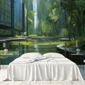 Urban Pond Botanical Mural Wallpaper — Painterly City Landscape Mural Wallpaper - room preview 02