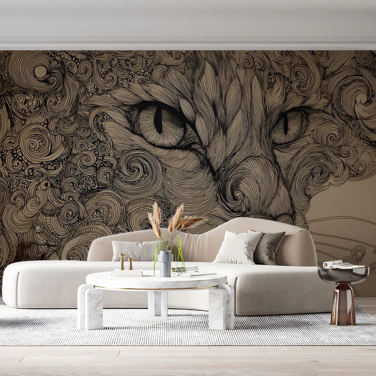 Intense Feline Swirl Mural Wallpaper — Detailed Line Art Sketch Mural Wallpaper - room preview 02