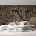 Intense Feline Swirl Mural Wallpaper — Detailed Line Art Sketch Mural Wallpaper - room preview 02