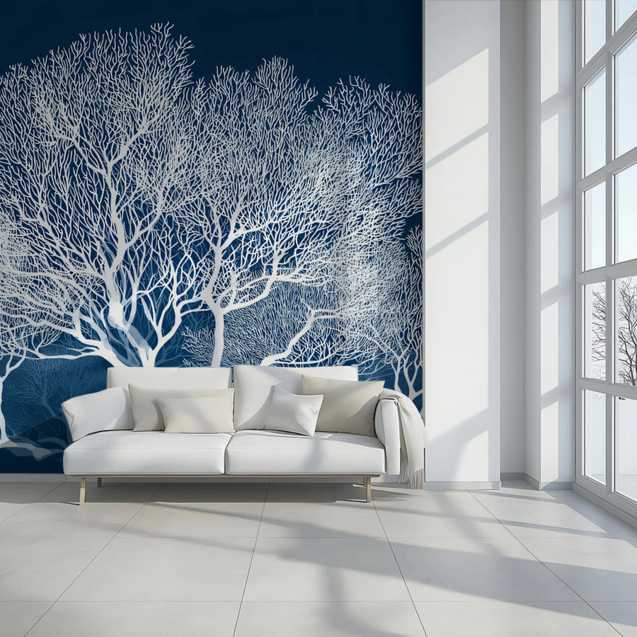 Coral Wallpaper Mural – Reef Wall Mural – White Coral Reef — Modern Cyanotype Botanical Art