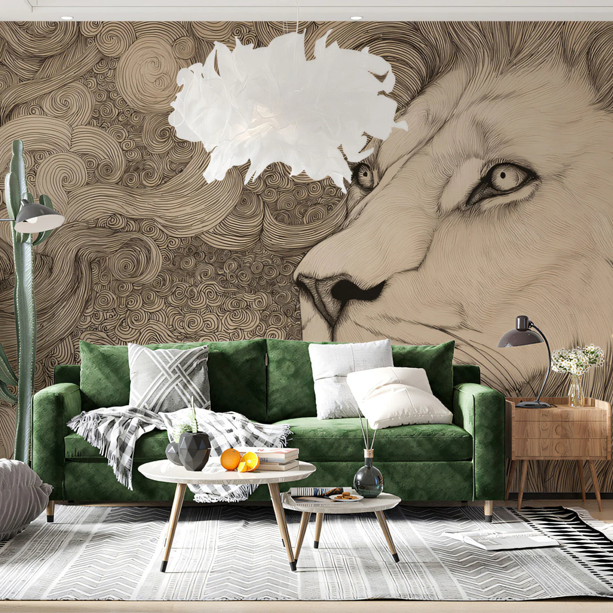 Lion Portrait Line Art Mural Wallpaper — Artistic Sketch Pattern Mural Wallpaper - room preview 02